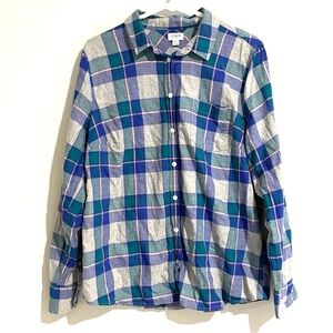 J.Crew Women Size XL Plaid Flannel Shirt Top Pink Gray Blue Long Sleeve